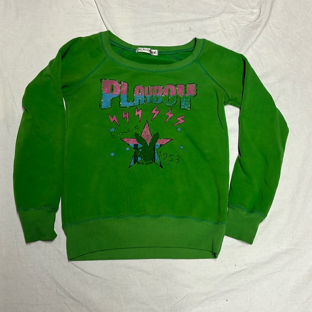 Playboy by Pacsun Green Ombre Embroidered Crew Neck Sweatshirt size Small